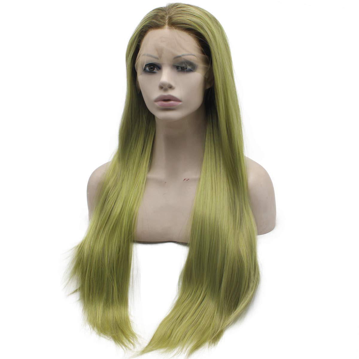 MX angel Long Straight Ombre Green Synthetic Wig Lace Front Heat Friendly Fiber Hair Wig