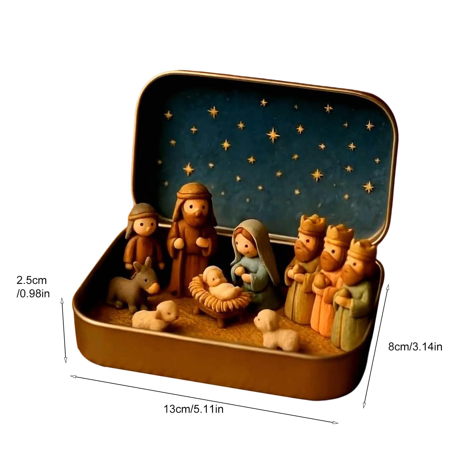 13x2,5x8cm Belen Navideño Decorativo, Figura para Nacimiento De Navidad, Decoración Belén De Navidad, Pequeño Belen En Caja De Lata, Decoración del Nacimiento De Jesús De Tamaño De Bolsillo