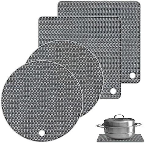 Gaiamat Silicone Trivet Mats, 4 Pack 2 Shape(2 Squared+2 Round) Heat Resistant Pot Holders Set, Silicone Table Mats Large Coasters for Kitchen Counter, Tables, Hot Dishes, Hot Pats, Pans(Grey)