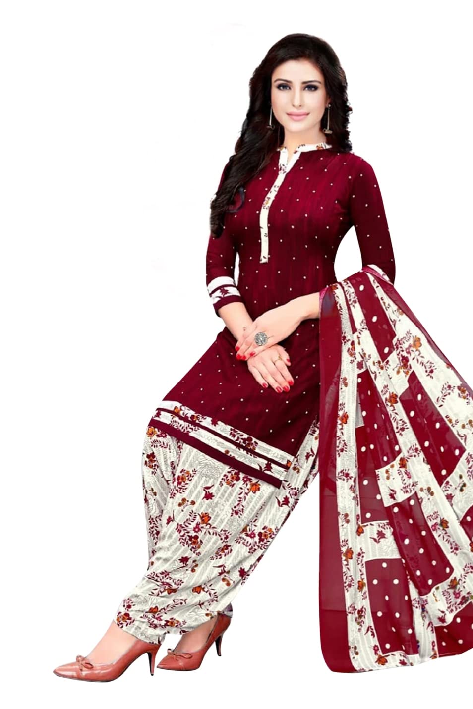 Unstitched Printed Crepe Kurta & Patiyala Dress Material With Dupatta Printed (Maroon)-image-42