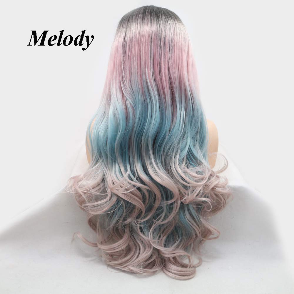 Melody Gray Pink Blue Multi-colored Lace Front Wigs With Dark Roots - Middle Part Long Wave Ombre Synthetic Lace Front Wigs for Women 180% Density Half Hand Tied Heat Resistant Fiber Hair 24'' …