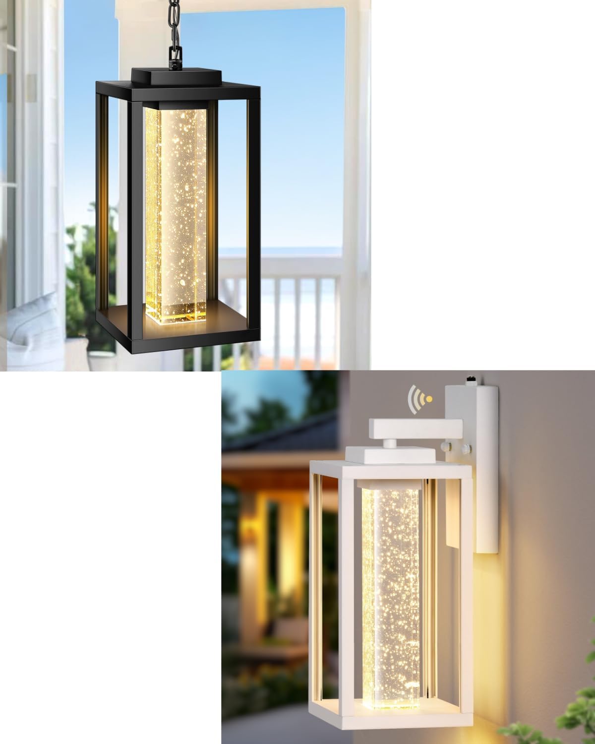 VIANIS Modern Black Large Outdoor Pendant Lights with Adjustable Chain, White Exterior Lighting Fixtures for House, Large Dusk to Dawn Outdoor Wall Sconce Lantern for Porch