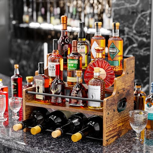 Image of KLM 4-Tier Liquor Bottle Display Shelf,Rustic Brown Bottle Organizer