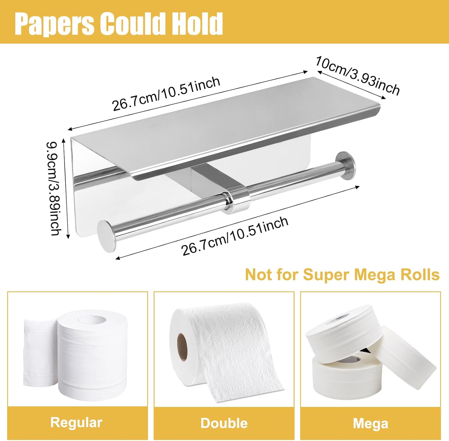 Double Toilet Paper Holder, Stainless Steel Tissue Paper Holder with Shelf Anti -Rust Toilet Paper Dispenser Wall Mounted for Bathroom (Silver New)