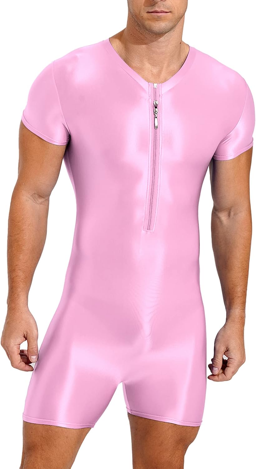 ACSUSS Mens Oil Glossy Bodycon Bodysuit Solid Color Stretchy Shorts Jumpsuit Romper Sportwear