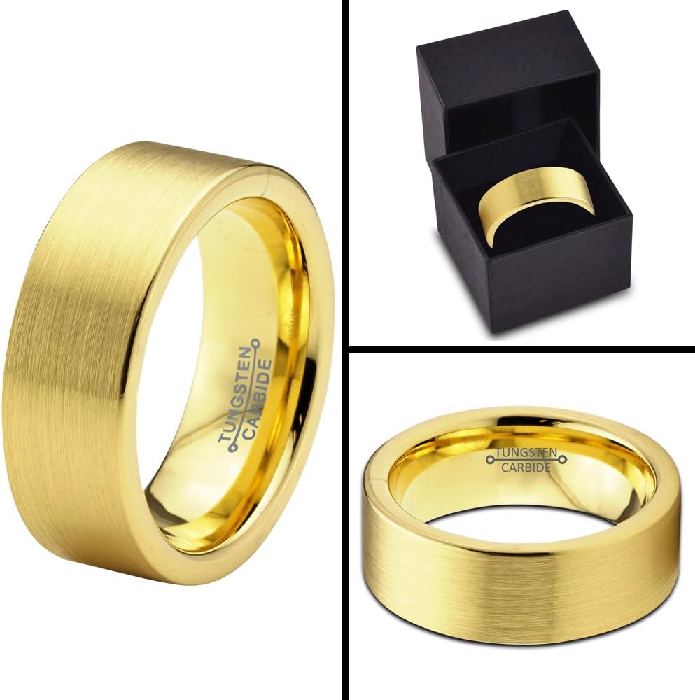 Tungsten Wedding Band Ring 8mm Men Women Comfort Fit 18k Yellow Gold Grey Flat Cut Brushed Polished
