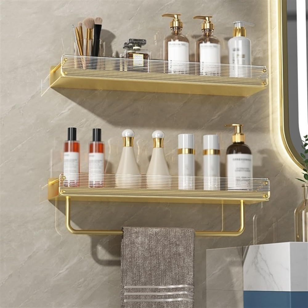 Organizador de ducha dorado montado en la pared con vallas frontales de acrílico, estantes decorativos de aluminio moderno para baño, toalla Stora (30 cm)