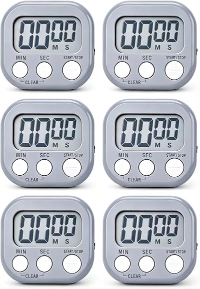 6 Pack Timer for Kids, Digital Kitchen Timers, Big LCD Display The Loud Switch Countdown Timer Extensively Use in Homework, Cooking,Gym, Meeting, Classroom Timer for Teachers (Grey)