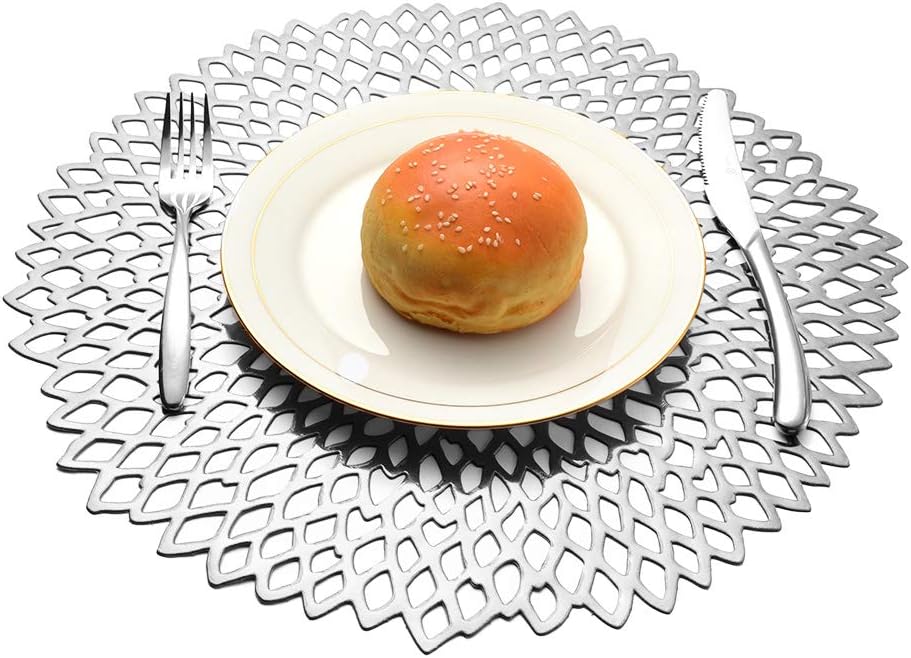 MLADEN Hollowed-Out Round Placemats, Wedding Dining Table Mats Kitchen Decor Set of 4 (Silver)