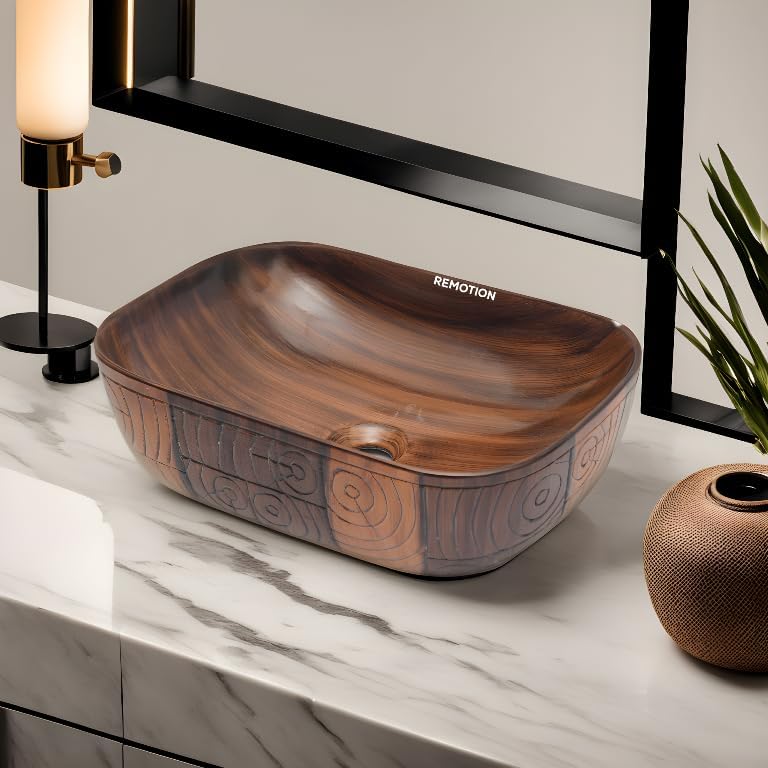 REMOTION Wooden Style Designer Wash Basin Countertop | Tabletop Ceramic Bathroom Sink | Wash Basin For Bathroom (18 x 13 x 5.5 Inch, Wodeen Style Designer Basin 01)