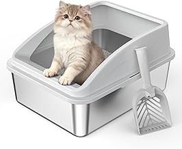 FURTIME Stainless Steel Cat Litter Tray 18L with Shovel Metal High Wall Side Housing Leak Proof Cat Litter Tray for Kittens, 44 x 34 x 21cm