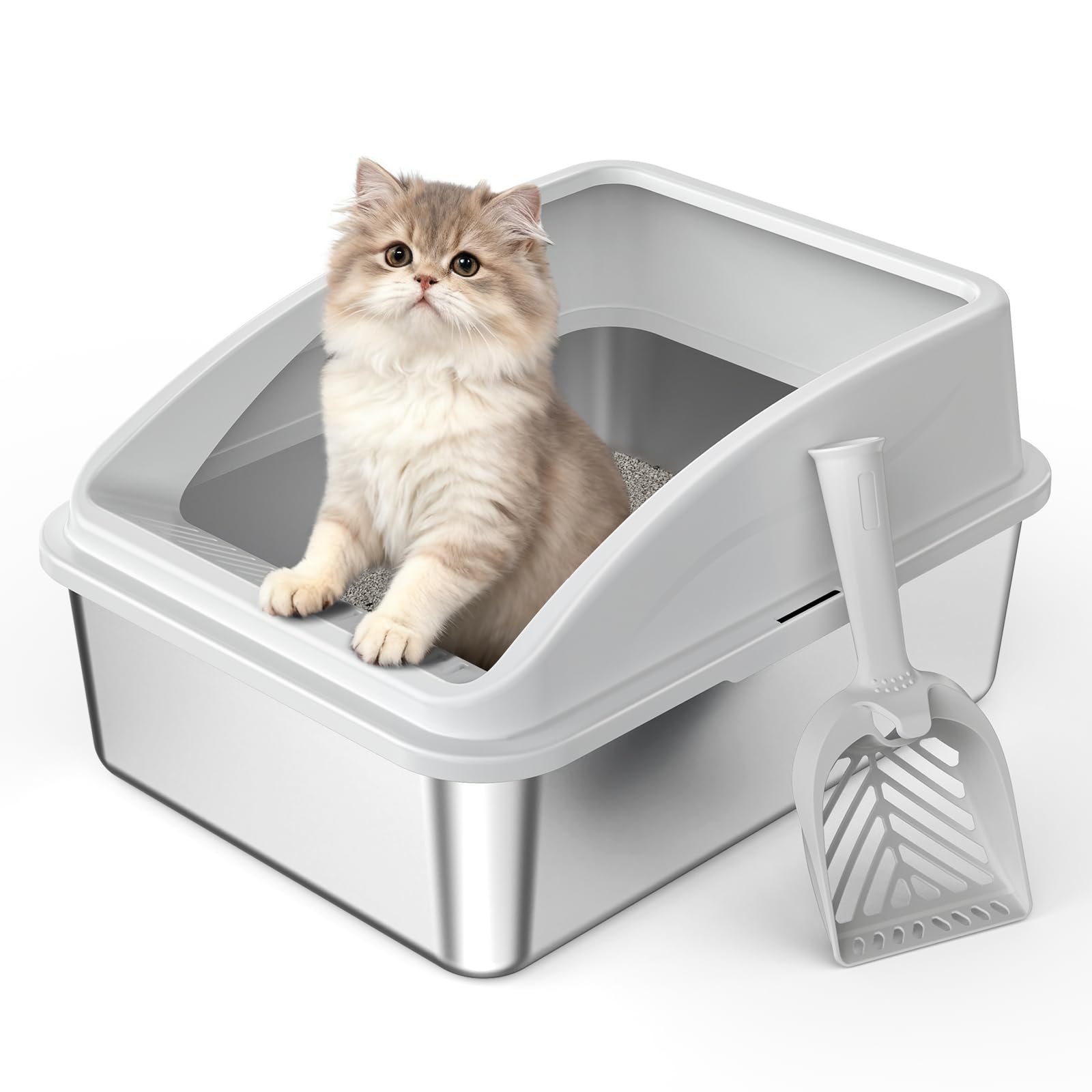 FURTIME Lettiera per gatti in acciaio inox, 18 l, con pala, in metallo con alloggiamento laterale a parete alta, a prova di perdite, per gattini, 43 x 33 x 20 cm