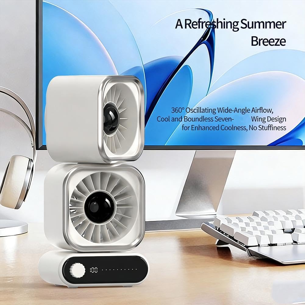 Double Head Desk Fan, USB Rechargeable Desk Tower Fan Cooling Fans, Dual Air Circulation, 360° Rotating Oscillation Table Fans for Bedroom Dorm Room Office Desktop (White)