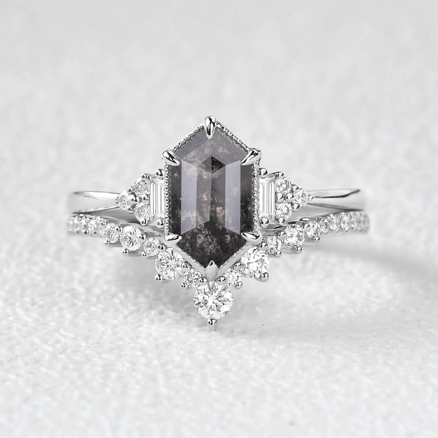 Salt And Pepper Diamond Ring Set S925 10K 14K 18K Gold Art Deco 1.25 CT Salt And Pepper Diamond with Moissanite Engagement Rings for Women Anniversary Wedding Bridal Sets