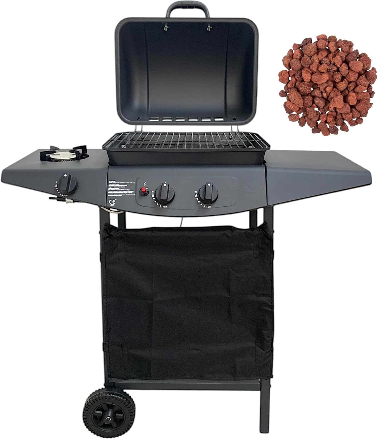 Barbecue a Gas con 2 Fuochi, Piano Laterale e Fornello, Griglia in Acciaio, a Pietra Lavica e Ruote per Trasporto Ideale per Giardino e Terrazzo