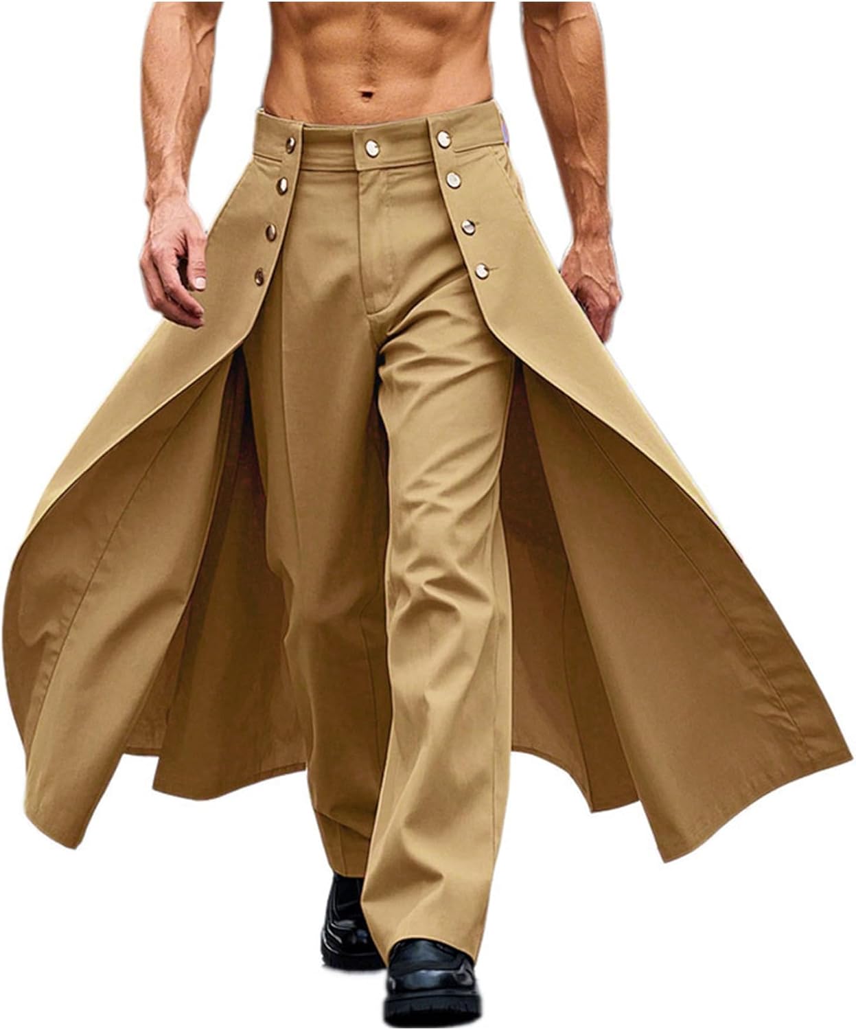easyforever Mens Fashion Patchwork Cape Tailcoat Pants Straight Long Pants Culottes Gothic Costume