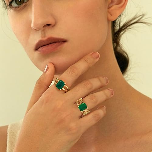 Miniatura 3 de MTMY Gold Simulated Emerald Rings 14K Gold Plated Rings for Women Dainty Green Rings Stacking Ring Statement Ring Cut Simulated Emerald Gemstones CZ