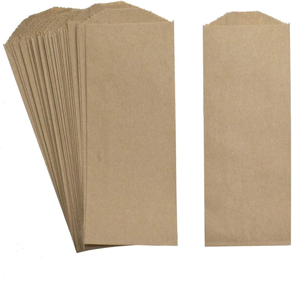Natural Kraft Paper Silverware Bags - Flat 3" x 7.5" Pocket Sleeves for Cutlery and Utensils Placesettings - Pack of 50