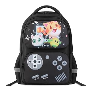 Gaming Backpack for Kids - PU Leather Front Gamer Bag with Cute Cat Design School Bookbag for Boys