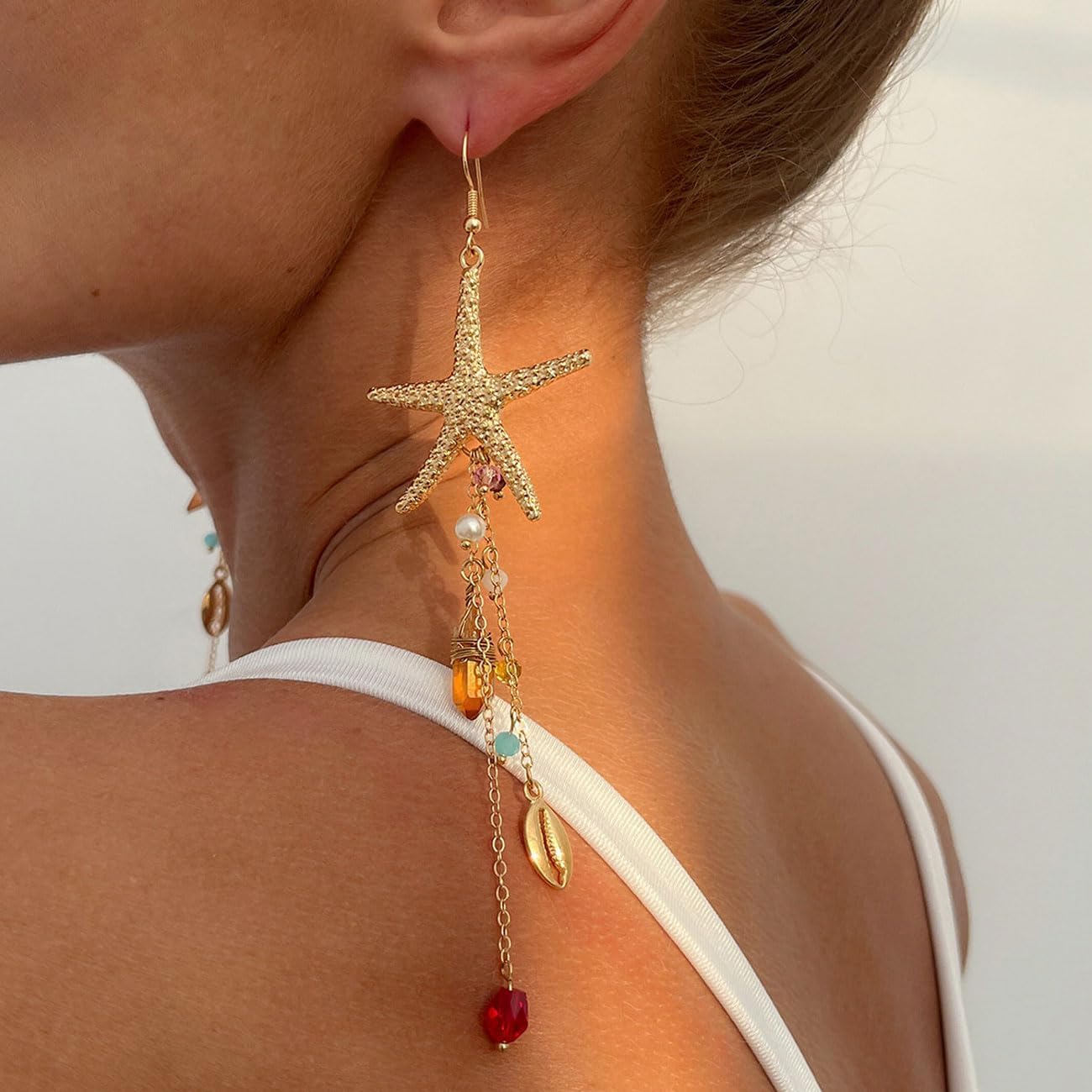 Starfish Earrings for Women Gold Ocean Themed Statement Earrings with Crystal Pearl Shell Pendant Dangle Drop Beach Jewelry Summer Boho Tassel Earrings for Women - Image 2