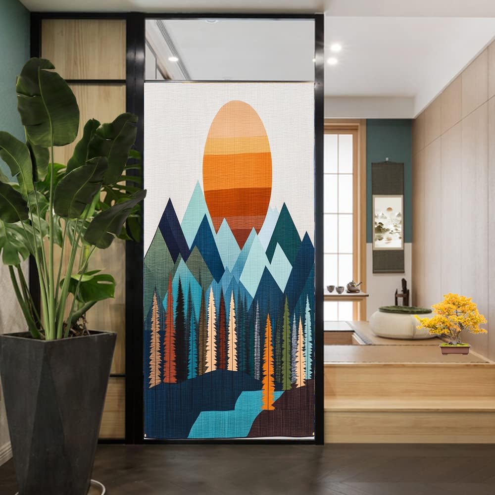 Vintage Sunset Forest Window Film Privacy Abstract Watercolor Nature Decorative Stained Glass Decal for Home, Adhesive Window Sticker 35.4Wx63L inch