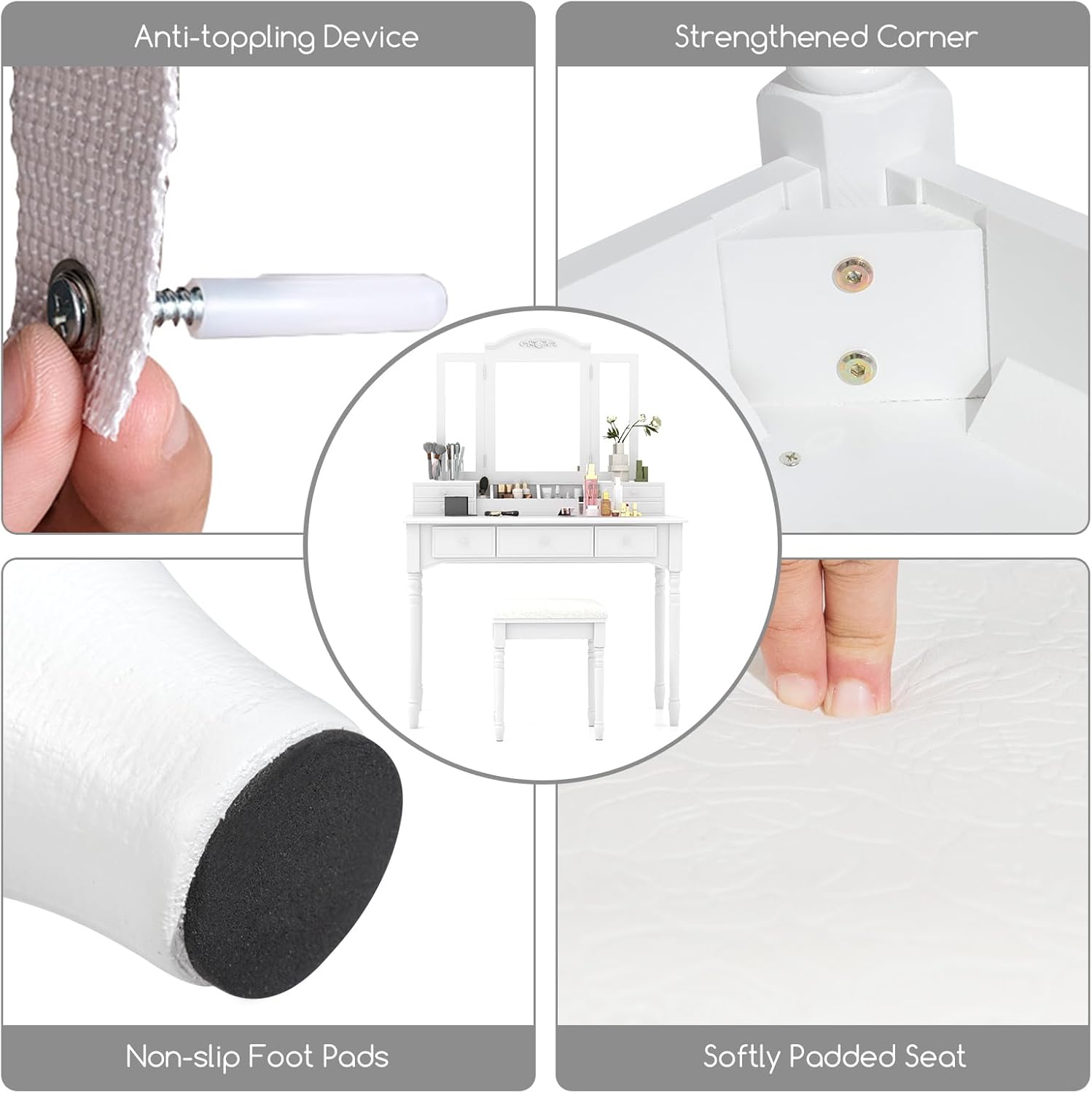 Byroce Vanity Table Set w/Large Tri-Folding Mirrors, Makeup Dressing Table with 7 Drawers, 6 Desktop Organizers and 8 Necklace Hooks, Cushioned Stool & Removable Top for Bedroom (White) (BC-HW66046)