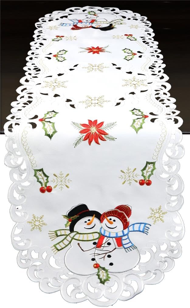 Creative Linens Holiday Christmas Tablecloth 52” Round Embroidered Snowman Snowflake Poinsettia Winter Table Topper White