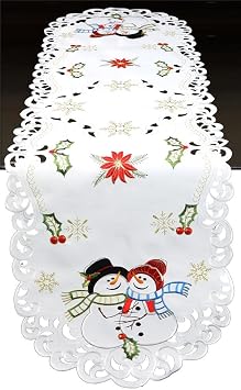 Creative Linens Holiday Christmas Table Runner Embroidered Snowman Snowflake Poinsettia Oval Winter Dresser Scarf White 15x52 White