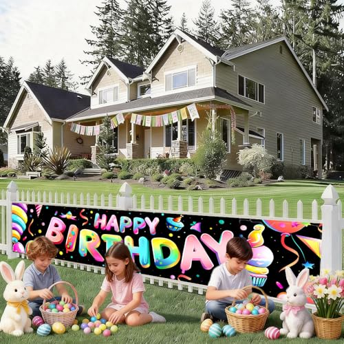 Image of Colorful Happy Birthday Banner 78.7 x 17.7 Inch Rainbow Letters with Party Balloons and Confetti Design Celebration Decoration for Kids Adults Home Yard Garden or Indoor Wall Display