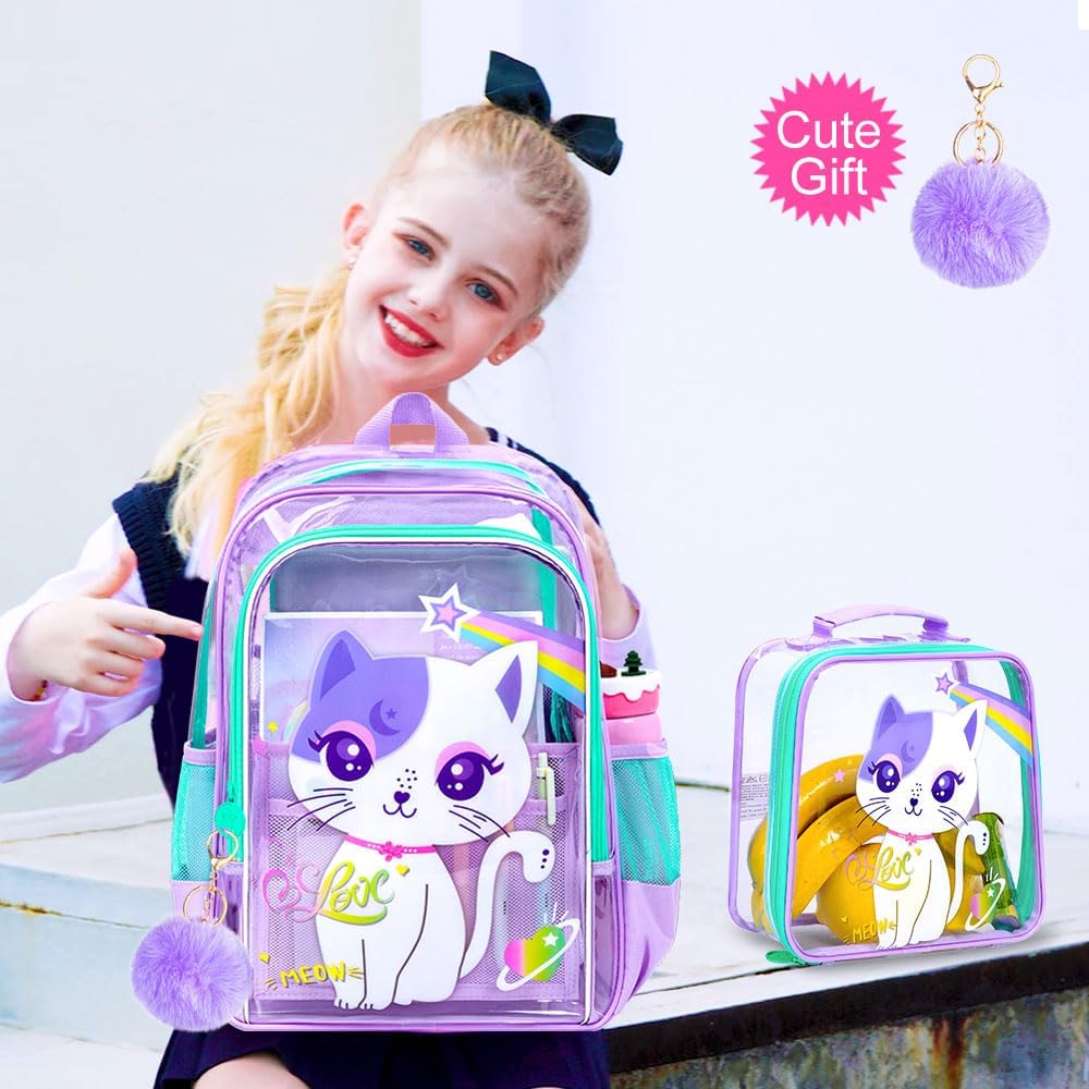 KLFVB 3PCS Clear Backpack for Girls and Boys, Kids See Through Backpacks Stadium Approved, Transparent Bookbag for Elementary