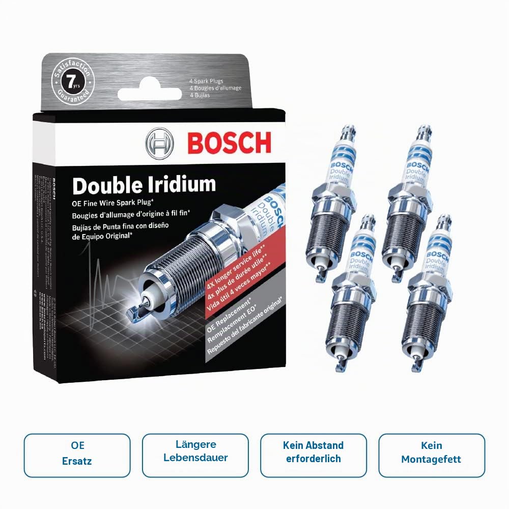 BOSCH 96339 OE Zündkerze mit feinem Draht, Doppel-Iridium, 4 Stück | Fortschrittliche Erstausrüstungstechnologie mit 4-facher Lebensdauer