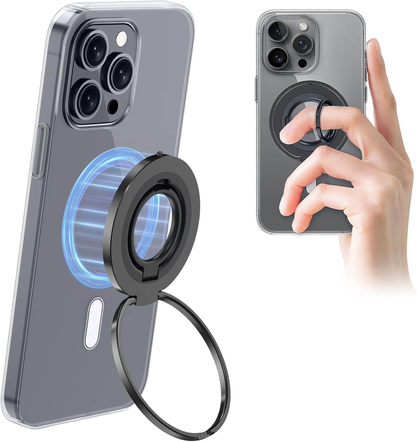 EWA MagOne Ultra (Ring Edition) Phone Grip Stand with Replaceable Metal Finger Ring, Removable Magnetic Ring Holder Kickstand Loop, Double-Sided Magnetic Accessories for Phone-Black