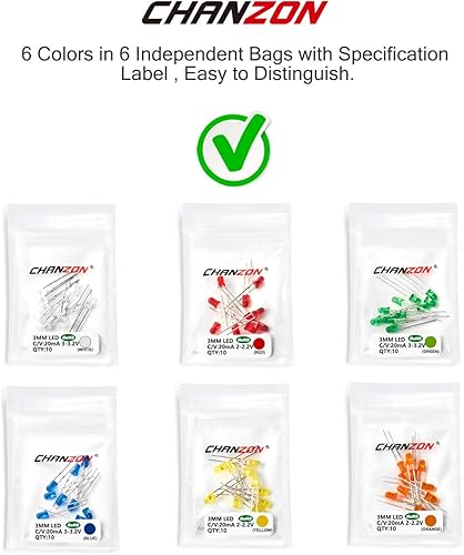Miniatura 4 de Chanzon Kit surtido de luces de diodo LED de 0.118 in, 60 piezas (6 colores x 10 unidades), paquete (lente redonda difusa CC 3 V 20 mA) lámpara de