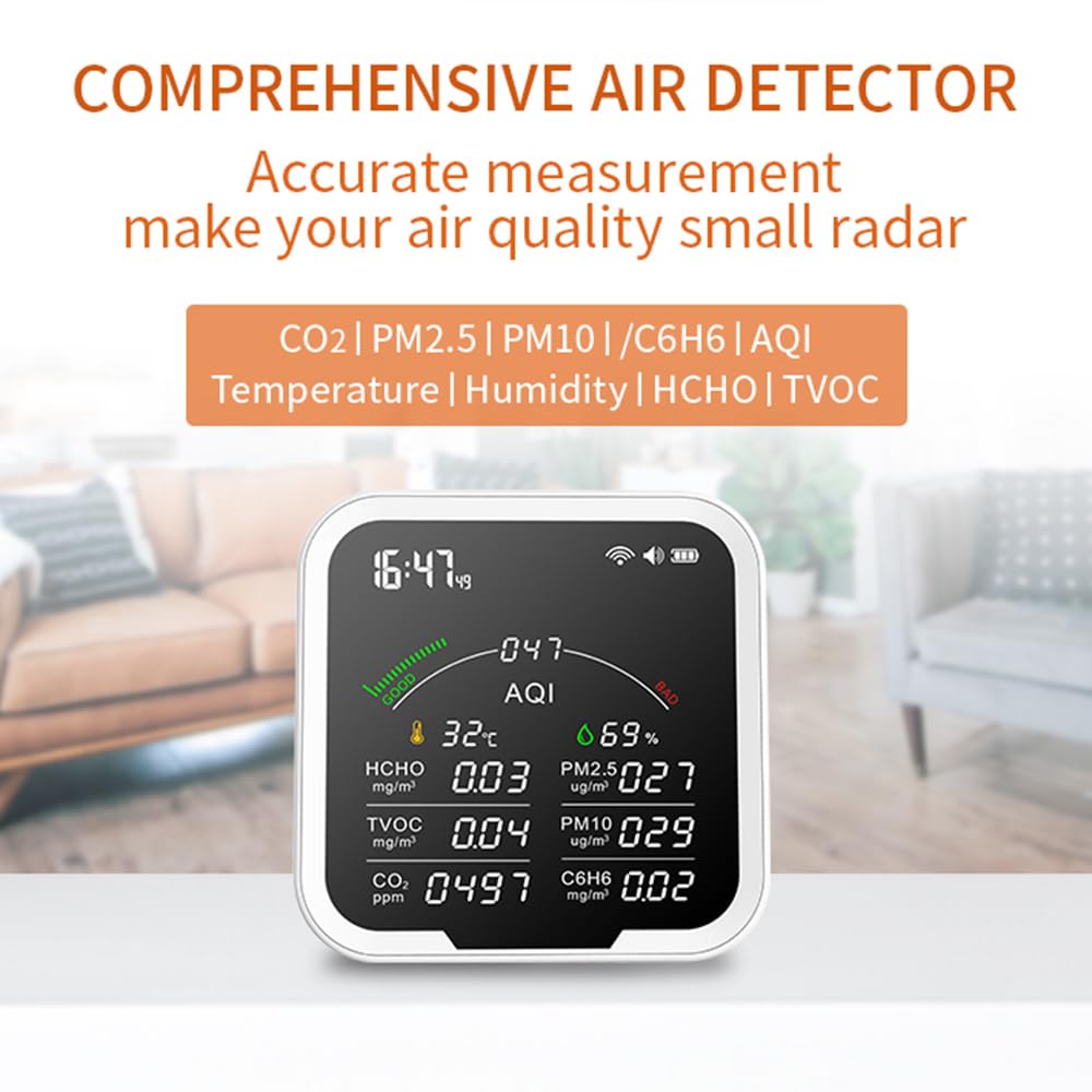 Irfora Misuratore di qualità dell'aria portatile HCHO/TVOC/CO2/PM2,5/PM10/AQI/C6H6, tester di temperatura e di influenza dell'aria da 4,8 pollici, rilevatore di anidride carbonica a grande schermo con
