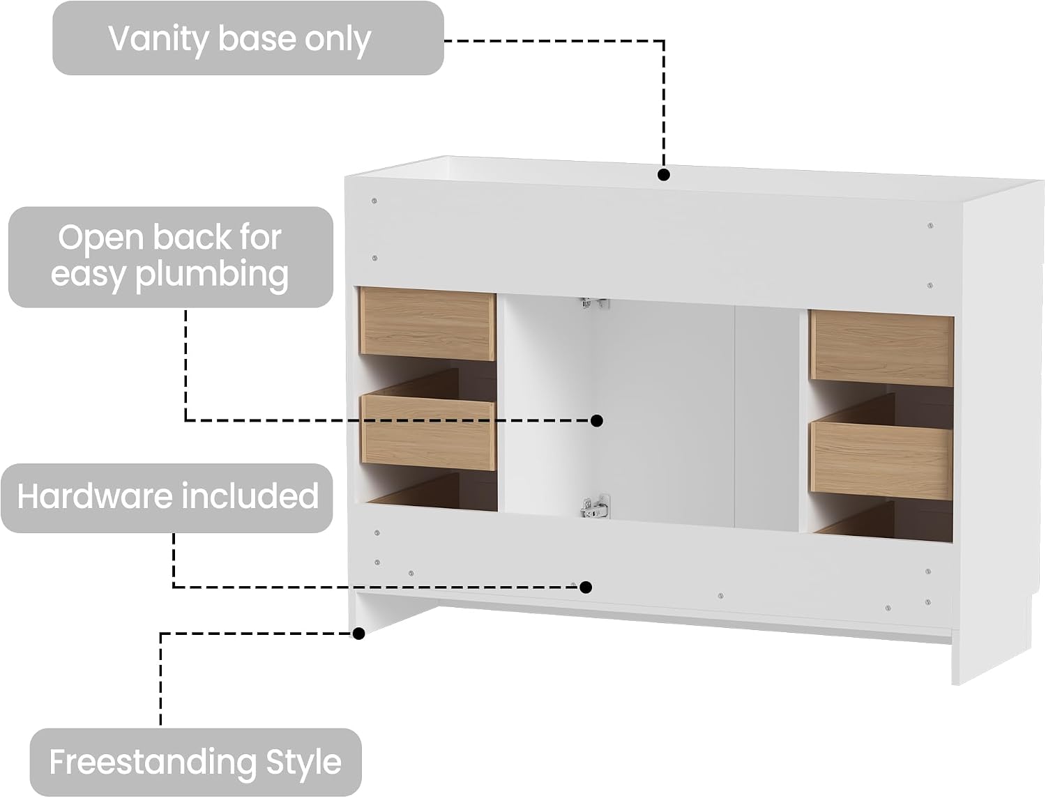 48inch Bathroom Vanity, Freestanding Cabinet Without Sink, Modern Storage Cabinet with Soft-Closing System, Cabinet Only, White
