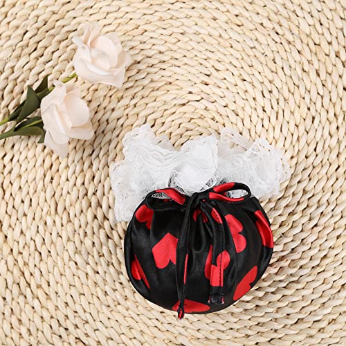 Dpois Mens Soft Satin Sissy Floral Lace Compact Tanning Pouch Cock Sock Drawstring Pouch Bag G-String Thongs Underwear Heart Black One Size #TOP1