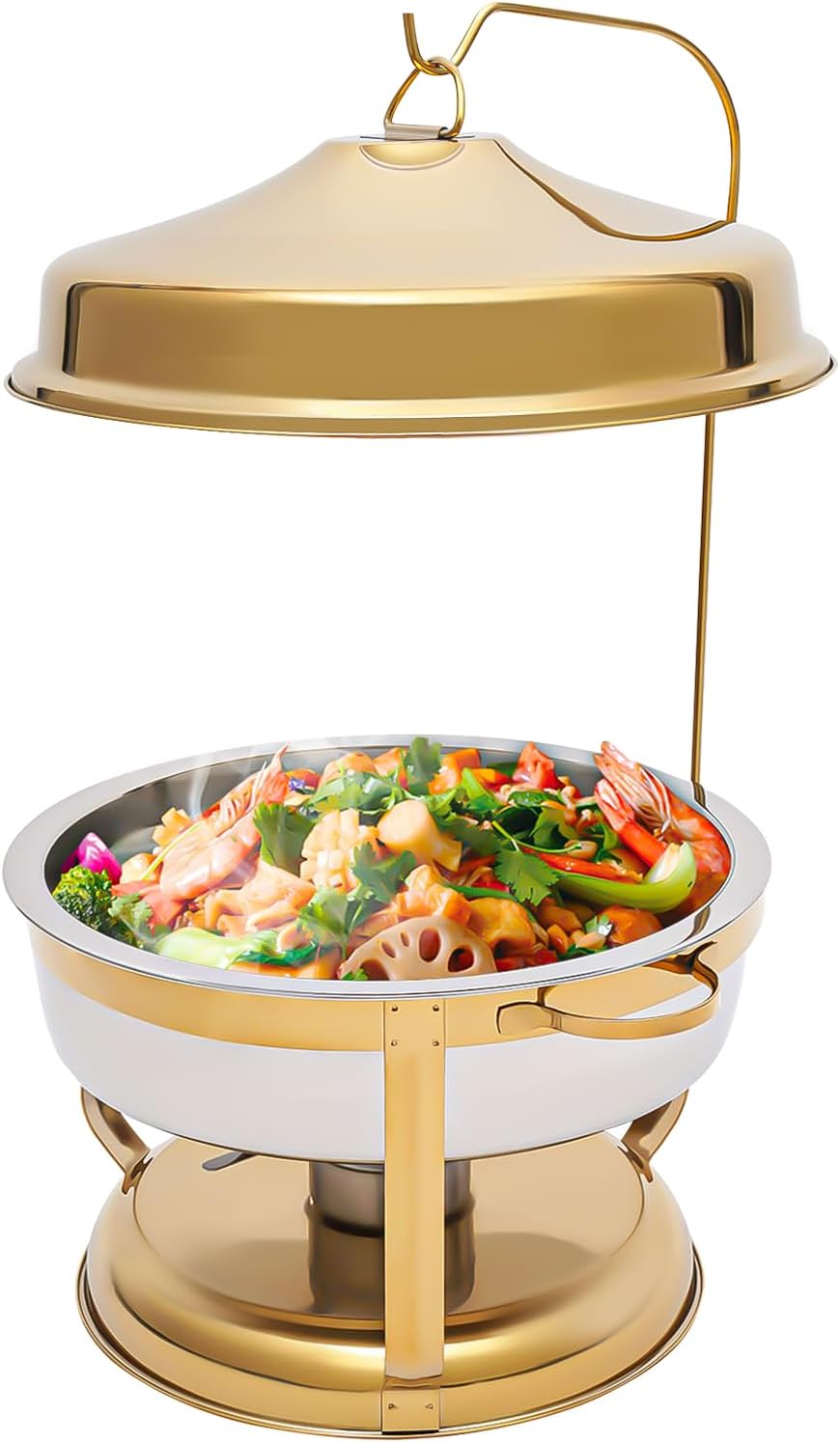 9L/9.5qt Chafing Dish Buffet Set with Hanging Top Lid, Stainless Steel Round Food Warmer, Portable Buffet Chafer Servers and Warmers for Catering, Party, Restaurant (Gold)