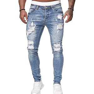 Maiyifu-GJ Mens Skinny Ripped Stretch Jeans Destroyed Distressed Tapered Leg Denim Pants Holes Slim Fit Biker Jean Trousers