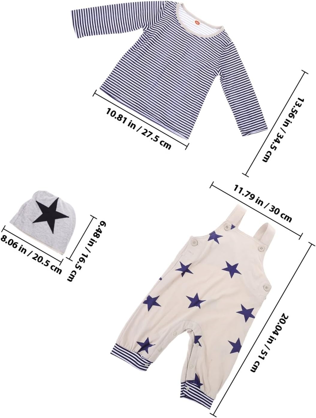 Star Pattern Suspender Pants Set with Long Sleeve Shirt and Hat, Breathable Cotton Spring Clothing Outfit for Boys, 3pcs Fall Suit