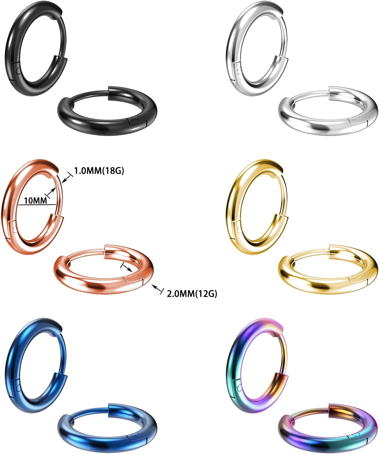 316L Surgical Stainless Steel Small Hoop Earrings 8mm 10mm 12mm 14mm Hypoallergenic Huggie Hoop Earrings Helix Lobes Hinged Sleeper Earrings Cartilage Piercings
