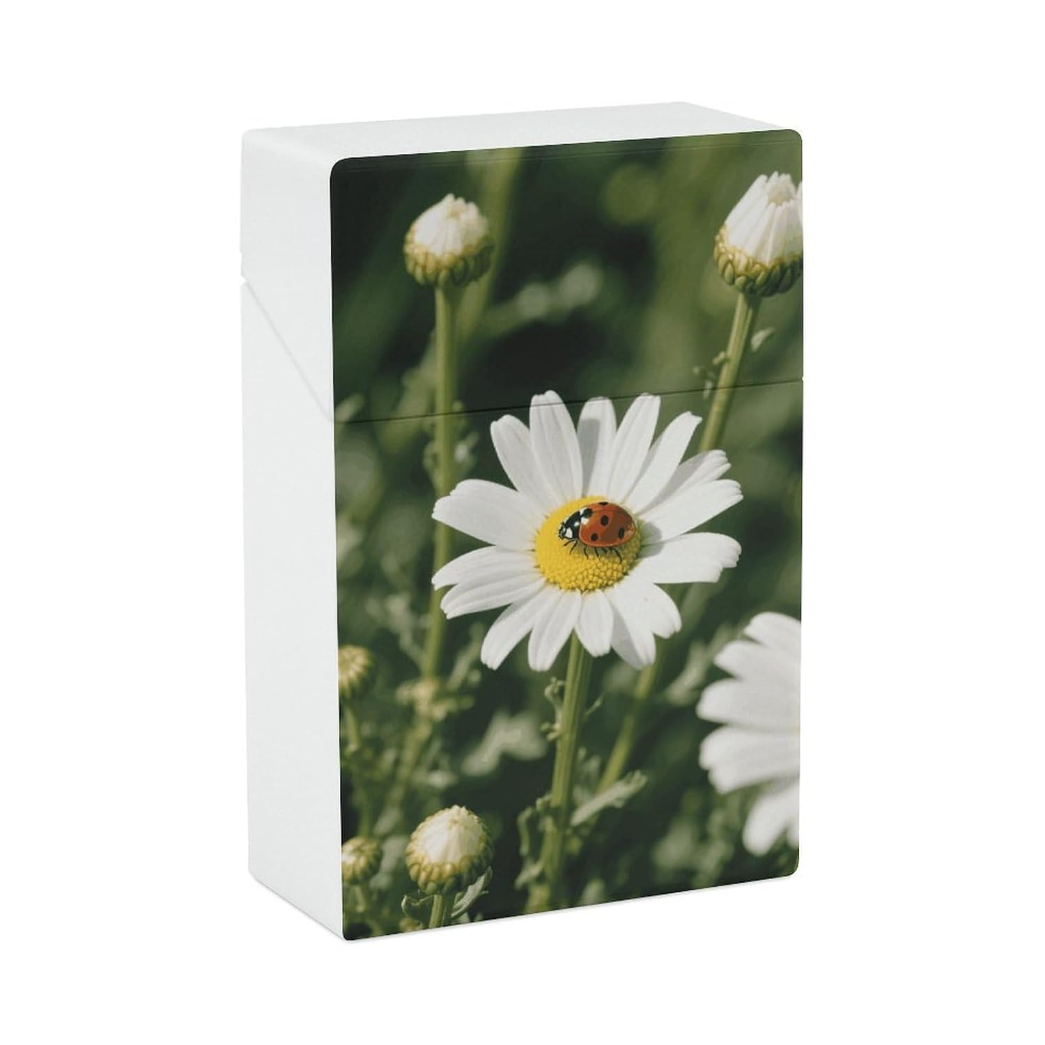 Chamomile Ladybug and Daisy Cigarette Case Portable Cigarette Holder Box with One-Press Dispenser Compact Cigarettes Box Vintage Cigarettes Storage for Men & Women