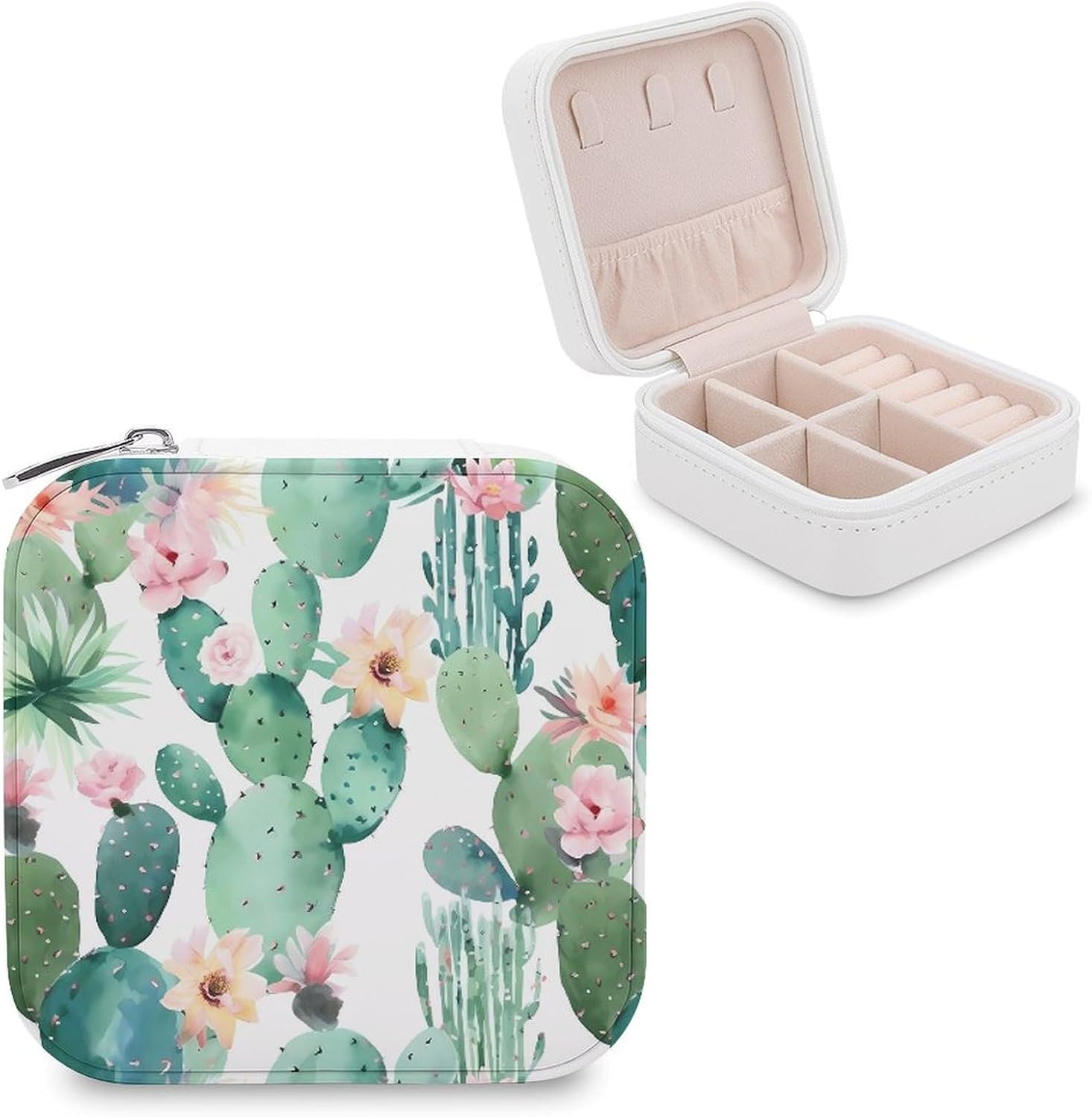 PU Leather Storage Box,Cactus Pattern Printed Portable Jewelry Box Mini Travel Storage Box Women's Jewelry Storage Rack for Necklace Earrings Bracelets Rings