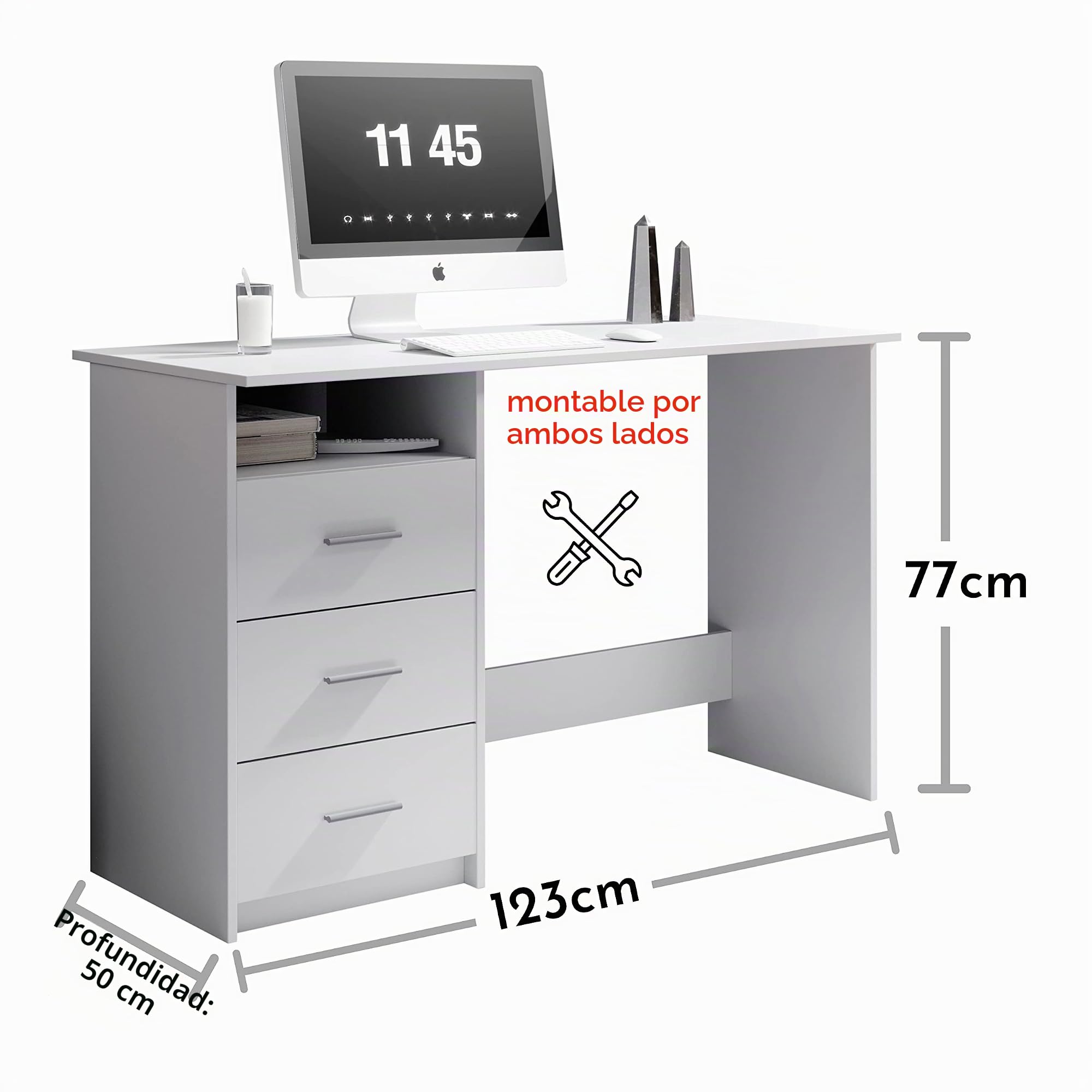 Stella Trading ADRIA Escritorio con cajones en blanco, Práctico escritorio de oficina para ordenador con amplia superficie de trabajo, 120 x 76 x 50 cm (ancho/alto/profundo)