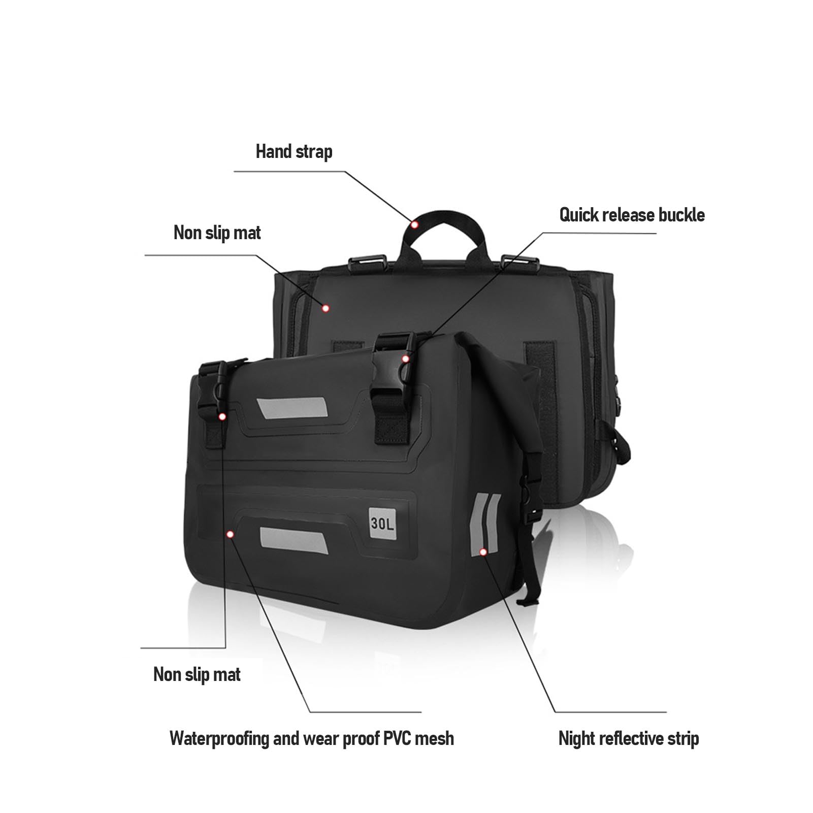 Drfeify Motorrad-Satteltaschen, wasserdichte PVC-Motorrad-Gepäcktasche, 30 L auf Jeder Seite, Abnehmbare Rahmenhalterung mit Rolldeckel und Formbeständigkeit für Pendler, Tourenfahrer