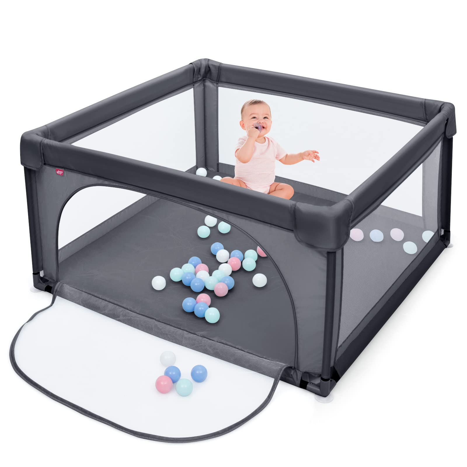 COSTWAY Box per Bambini, Centro Attività Portatile con Cancelli di Sicurezza, Recinto Resistente con Ventose Antiscivolo e Pareti a Rete Traspirante, Cancello per Giocare con 50 Palline (Grigio Scuro)