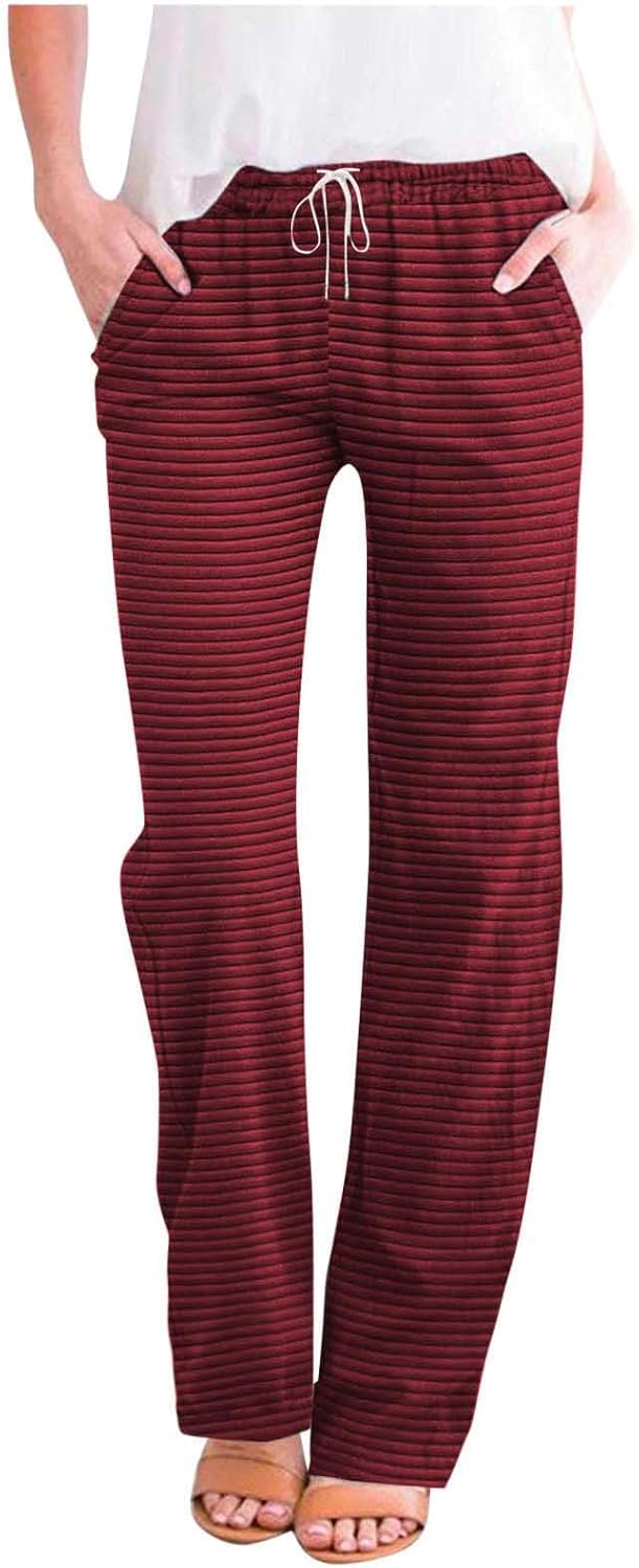 Striped Wide Leg Pants for Women Drawstring High Waisted Pants with Pockets Jogger Straight Trousers Sweatpants