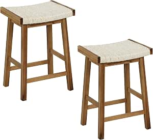 GIANTEX Bar Stools Set of 2, 25.5" Counter Height Saddle Stools w/Seaweed Woven Seat & Footrests, Bar Dining Chairs, Boho Wooden Backless Barstools for Kitchen Island, Dining Room, Pub, Cafe, Natural