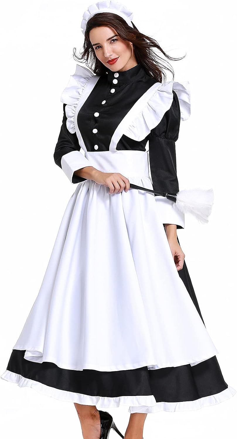 Lu's Chic Women's Maid Dresses Halloween Costume Ruched Long Dirndl Outfit Falbala Cosplay