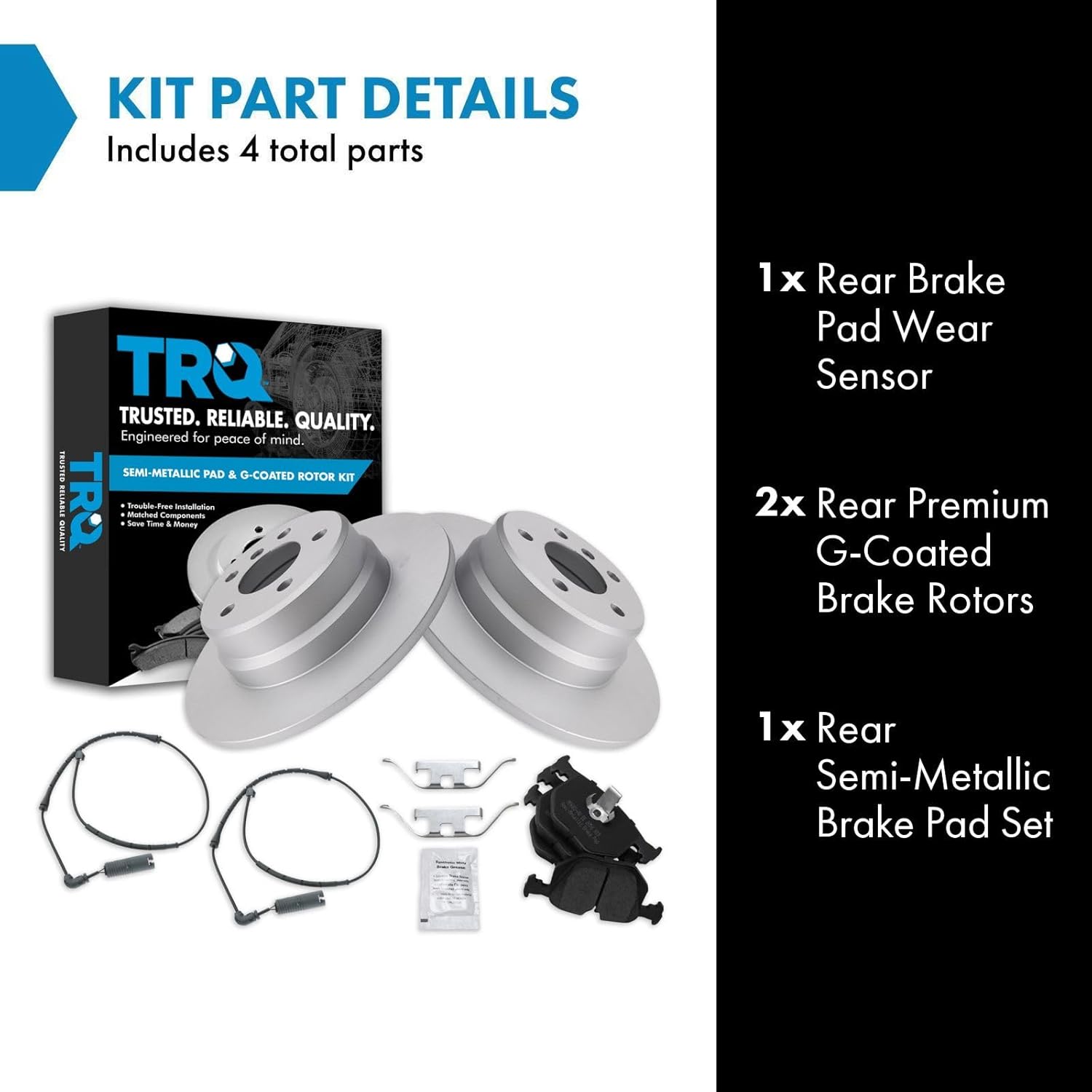 TRQ Rear Brake Pad and Rotor Set Semi Metallic G Coated Solid Rotors Wear Sensor Compatible with 2000-2006 BMW X5