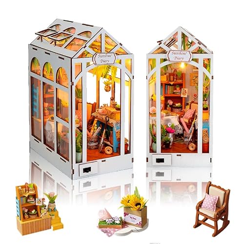DIY Book Nook Kit-DIY Miniature Booknook Kit w/LED, Sunshine Diary | Bookend Bookshelf Decor for Christmas Day, Best Gift for Family, Friends